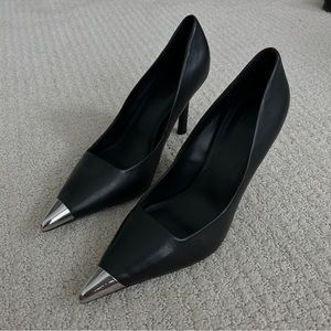 silver toe cap black pump heels